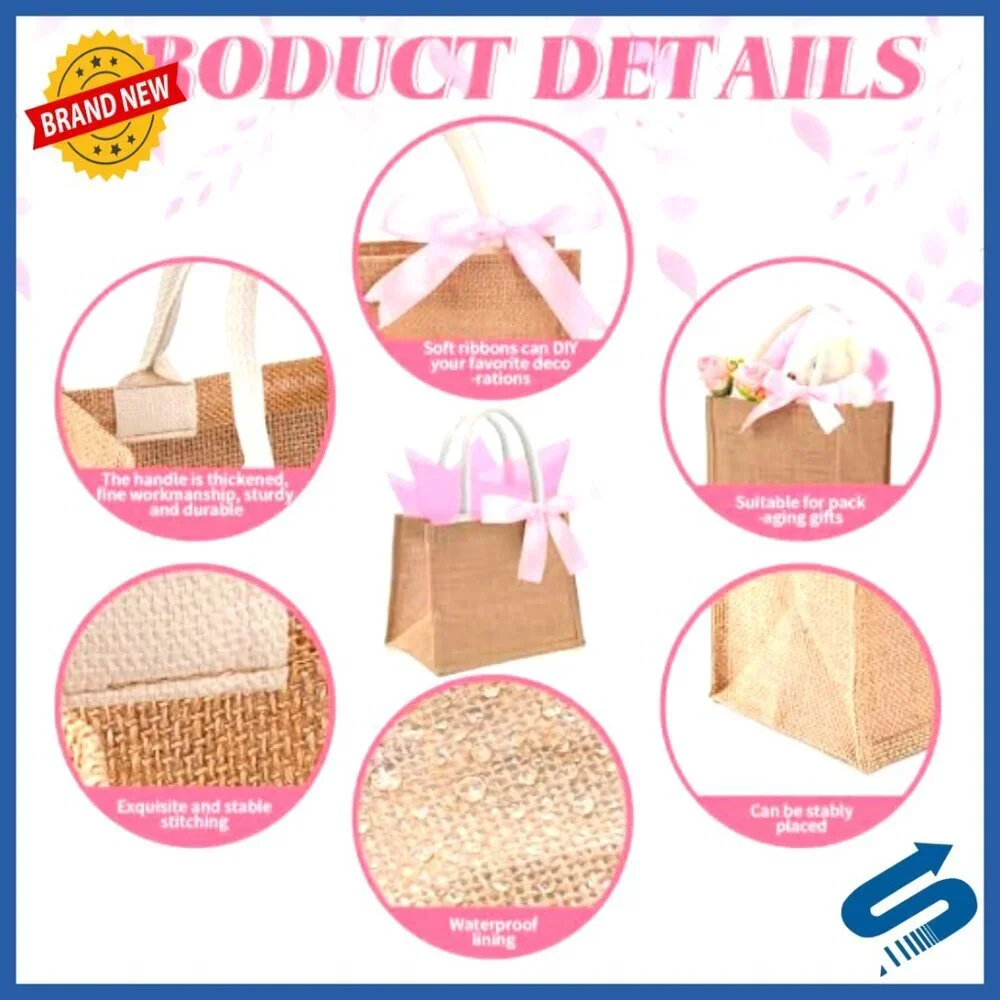 Reusable Jute Tote Bags Bulk Set with Tissue Paper Ribbons Party Decor